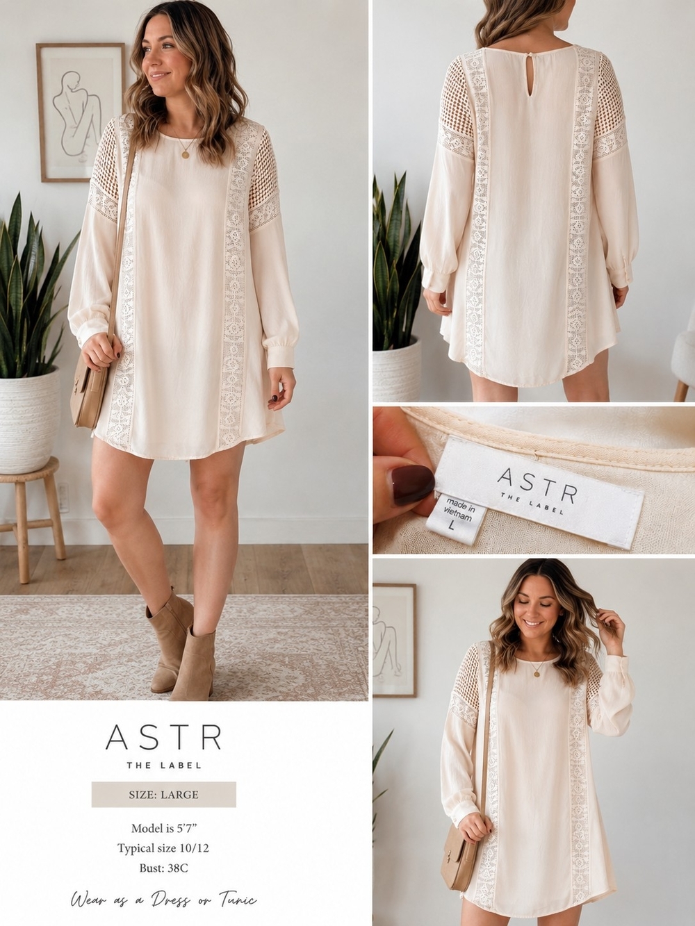 Astr Cream Lace-Trim Tunic